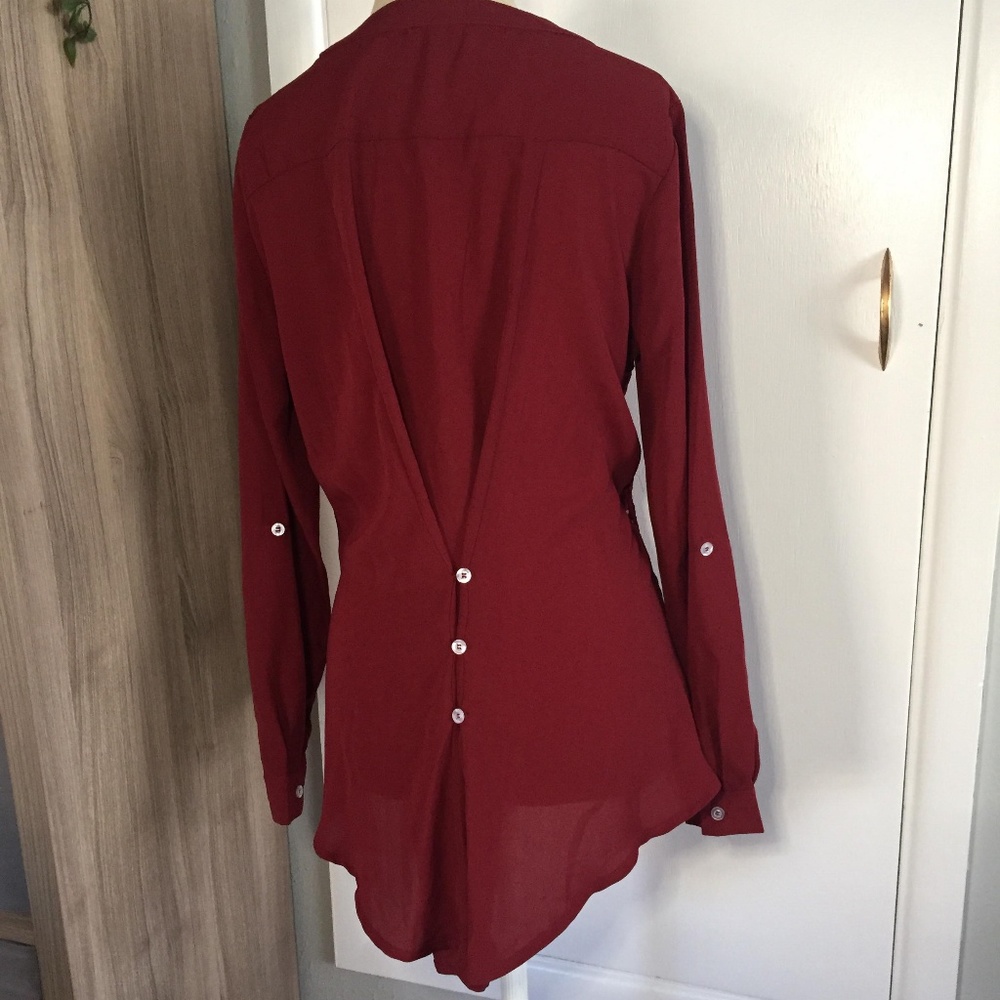 Maroon Lace Sheer Long Sleeve Blouse Button Detail